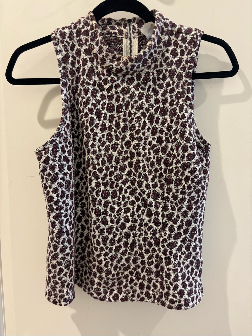 Anthropologie Sleeveless Mock Neck Leopard Print Top - Wine and White